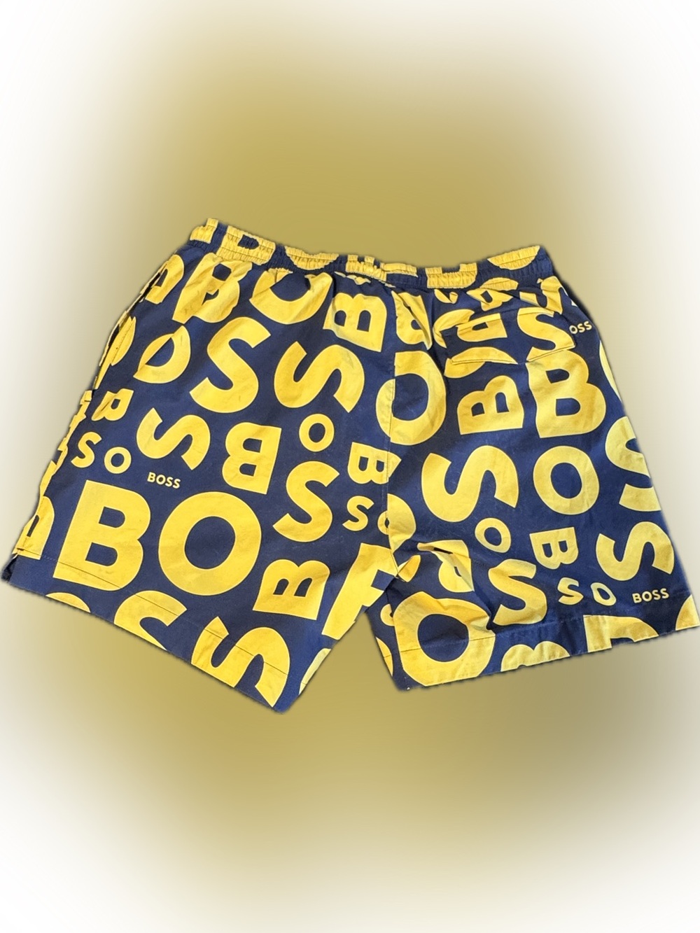 Hugo Boss BOSS Yellow Navy Designer Swim Trunks DrawstringSize L